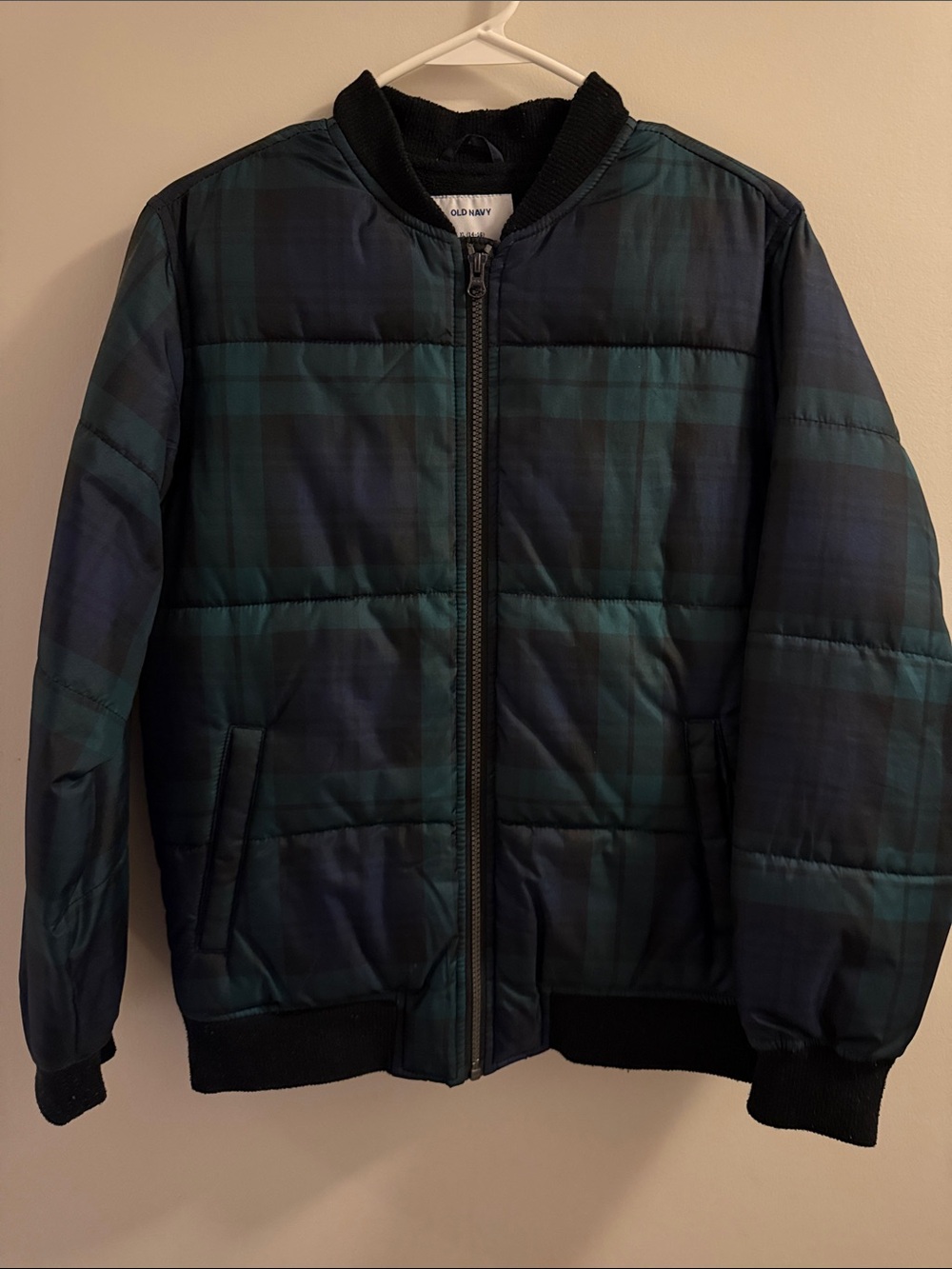 Old Navy Boy’s Dark Green & Navy Plaid Quilted Bomber Jacket